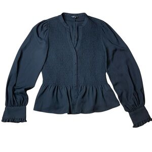 Dynamite Black Smocked Peplum Blouse - Long Balloon Sleeve XS